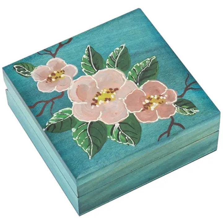 Handmade Carved Wood Jewelry Box with Turquoise Inlay & Pink Floral Design - Perfect for Storing Rings, Necklaces & Keepsakes