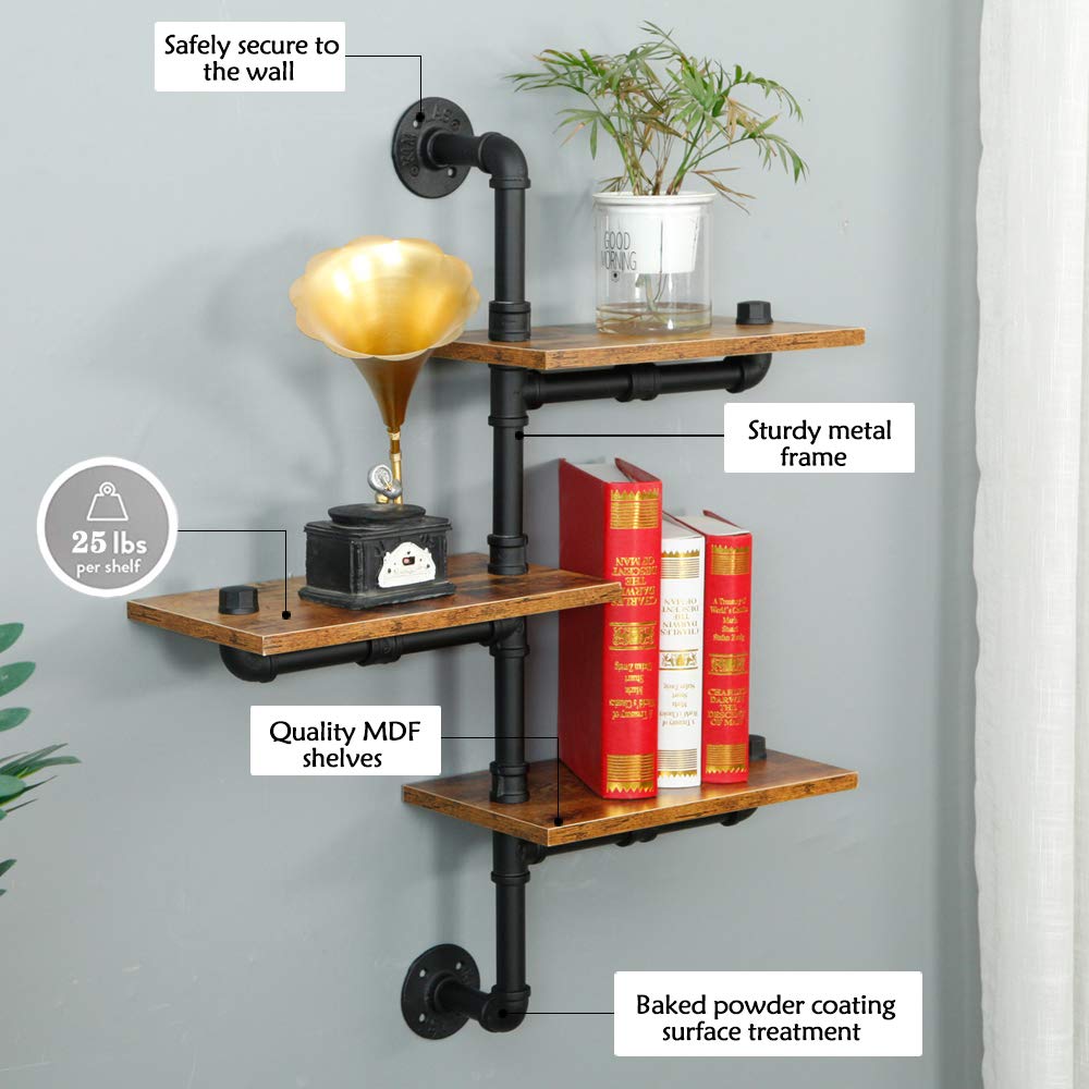 Industrial Pipe Shelving with Wood Planks - Rustic Floating Wall Mounted Shelves for Bar, Kitchen & Living Room | Perfect for Home Decor, Storage & Display