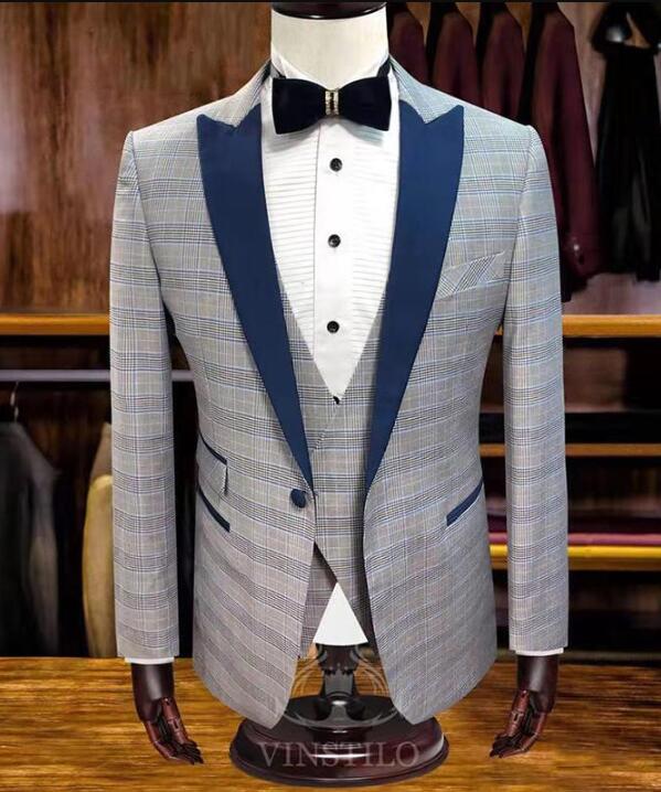 Stylish Checked Blue Tuxedo Suit for Men - 3 Piece Set (Jacket, Vest & Black Pants) CB10271 | Perfect for Weddings, Prom, Formal Events & Special Occasions