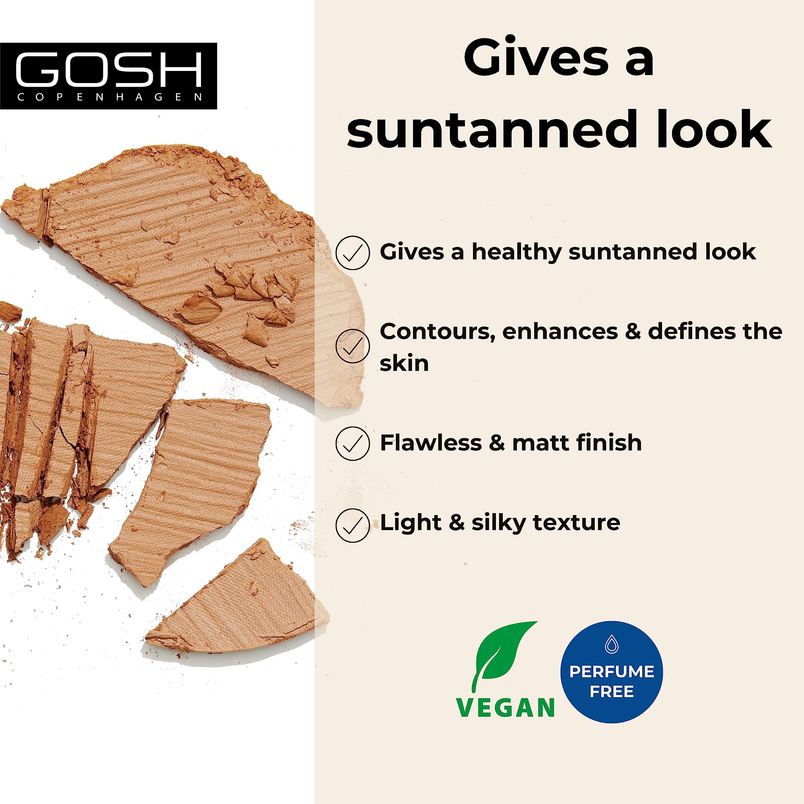 GOSH Vegan Bronzing Powder - 002 Natural | Cruelty-Free, Perfume-Free Bronzer for Sun-Kissed Glow | Buildable Matte Finish for Cheeks, Shoulders & Décolleté | Perfect for Beach Days, Summer Makeup & Natural Contouring