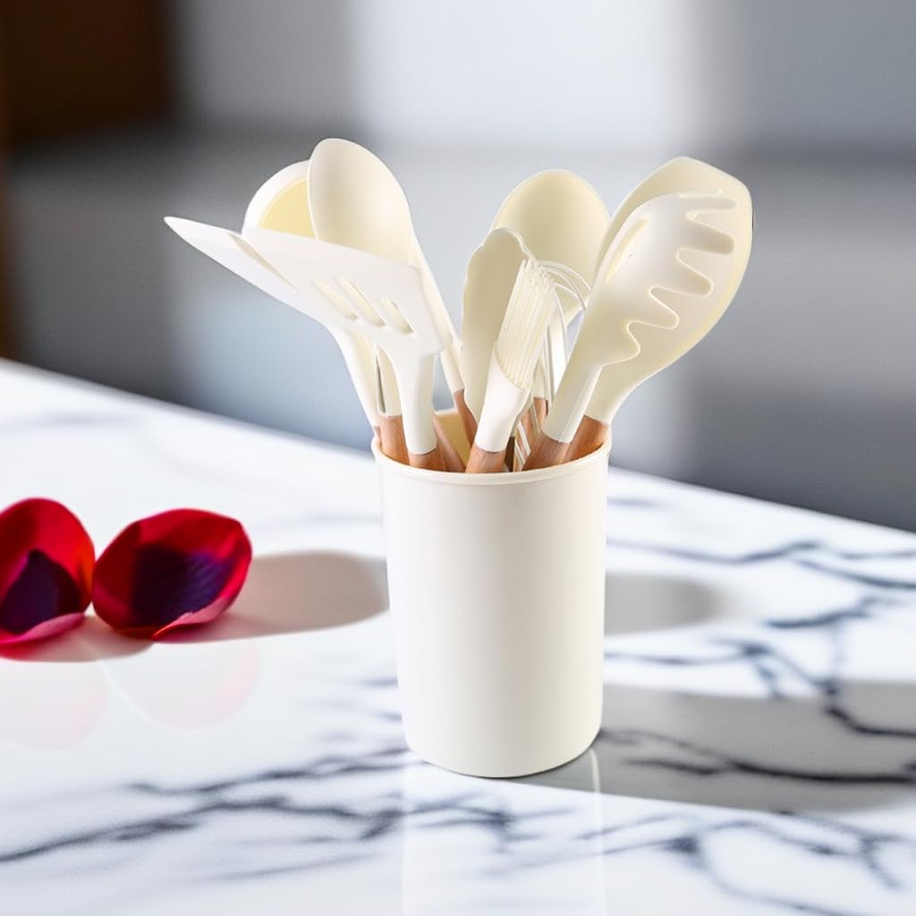 Premium Silicone Kitchen Utensils Set - 12-Piece Heat Resistant Nonstick Cooking Tools with Spatula, Spoon & More (White) - Ideal for Baking, Frying & Everyday Cooking