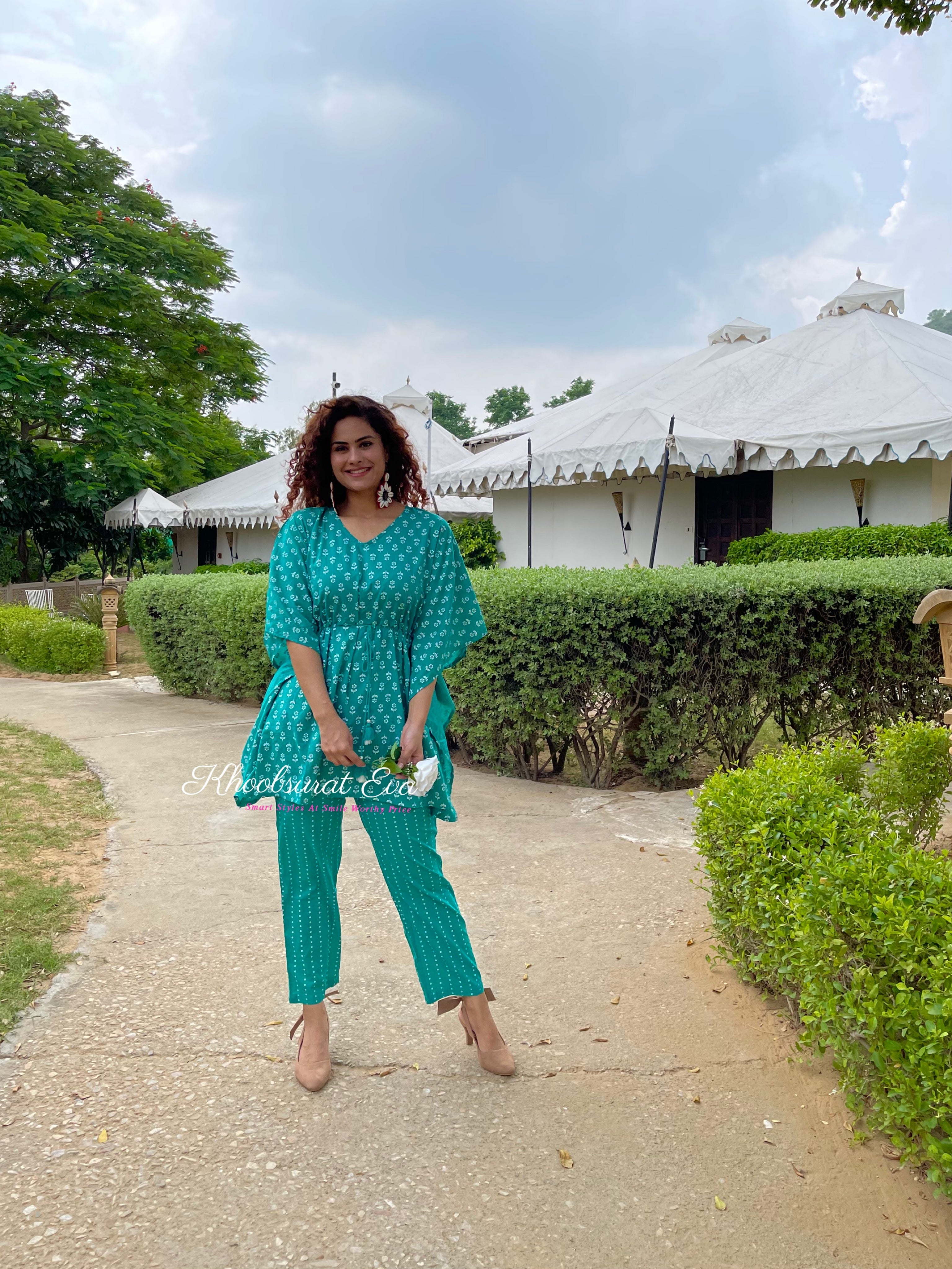 Stylish Green Printed Cotton Kaftan Co-Ord Set for Women - Summer Beachwear & Boho Outfit for Vacations, Pool Parties, and Relaxing at Home
