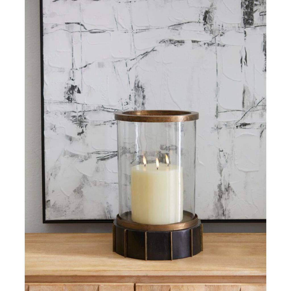 **Cyan Design 11640 Reed Tabletop Hurricane - Antique Brass & Dark Brushed Mango Finish - Elegant Home Decor for Dining Table, Wedding Centerpiece, or Fireplace Mantel**