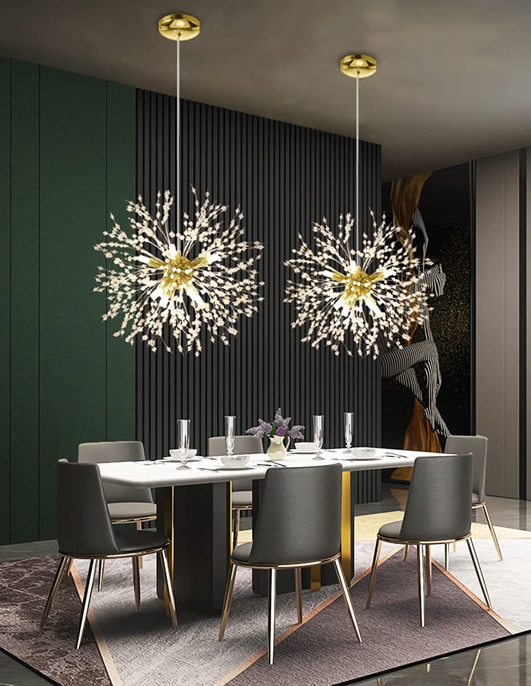 9-Light Gold Crystal Chandelier - Modern Firework Dandelion Ceiling Light Fixture for Dining Room, Bedroom, Hallway | Elegant Lighting for Weddings, Restaurants & Home Decor