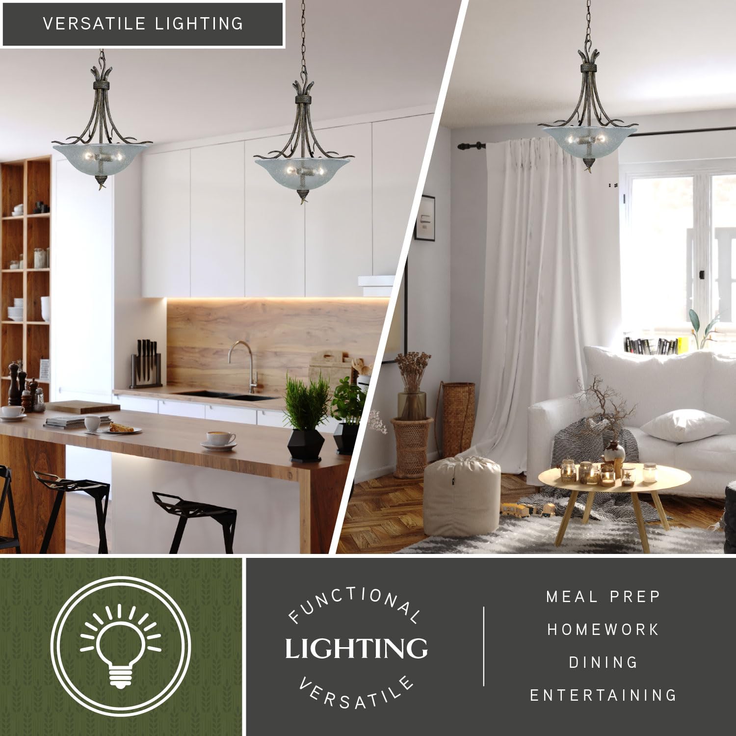 VAXCEL Monterey 3-Light Bronze Rustic Branch Bowl Pendant with Clear Glass - Perfect for Kitchen Island, Dining Room, or Entryway Lighting
