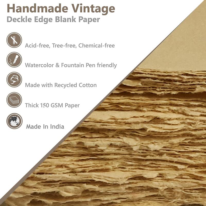 Handmade Deckle Edge Paper - Printer Friendly Blank Mixed Media Loose Leaf Sheets - 150 GSM Thick A4 Size - Pack of 50 Brown - Perfect for Scrapbooking, Journaling & Art Projects