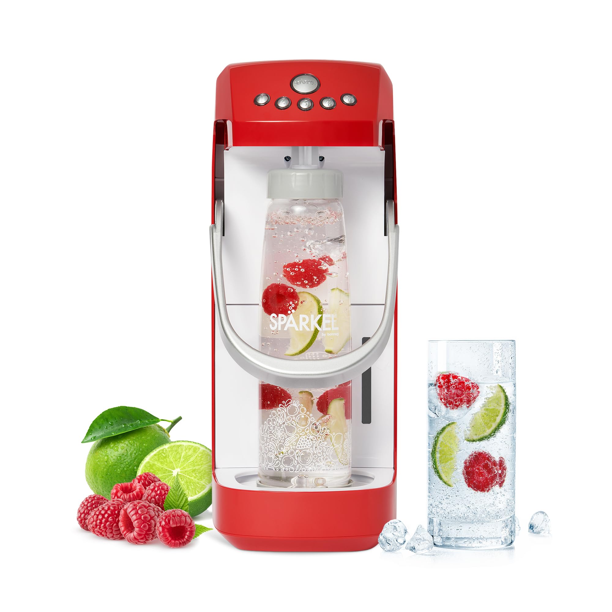 Spärkel Sparkling Water Maker Machine - Cherry Red Soda Stream Alternative with 5 Carbonation Levels | No CO2 Tank Needed | Uses Fresh Natural Ingredients | Perfect for Home, Office & Party Beverage Stations