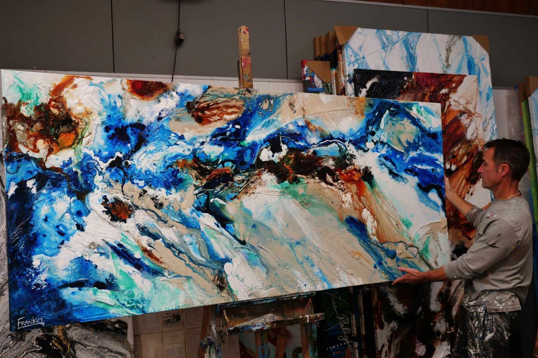 Nature's Vice 240cm x 100cm Blue Cream Textured Abstract Canvas Art - Perfect for Living Room, Bedroom & Office Wall Decor