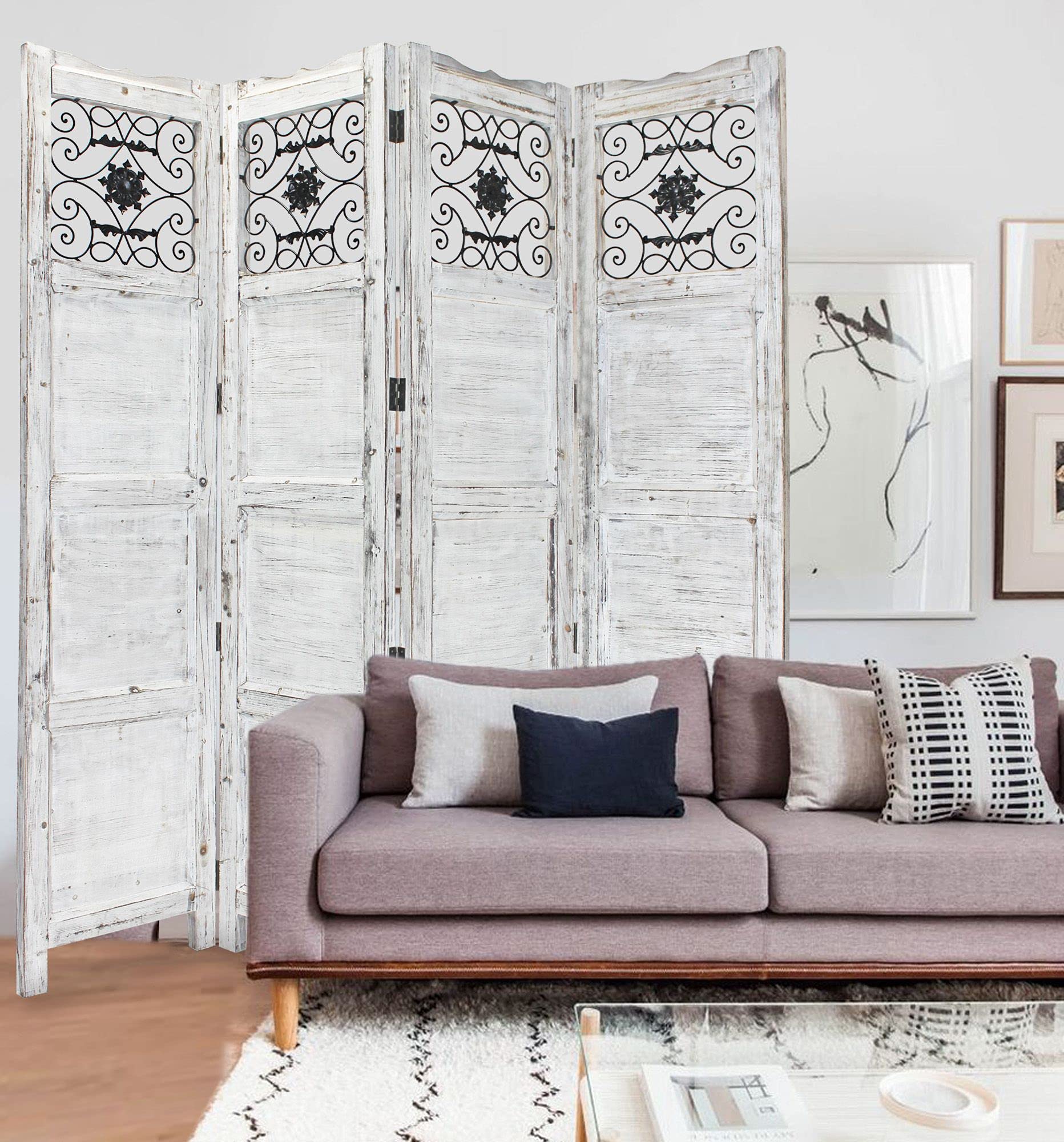 Gray Wash 4-Panel Scroll Work Room Divider Screen - Handcrafted Wooden Folding Partition for Home, Office, and Event Decor - Perfect for Creating Privacy Spaces in Living Rooms, Bedrooms, and Wedding Venues
