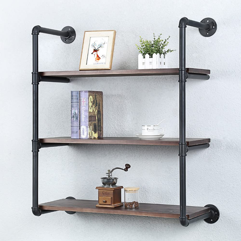 Industrial Pipe Shelving Wall Mounted - 30 Inch Rustic Metal Floating Shelves with Real Wood - Steampunk Bookshelf for Farmhouse Kitchen & Bar (3 Tier) - Perfect for Home Office, Living Room & Bedroom Storage
