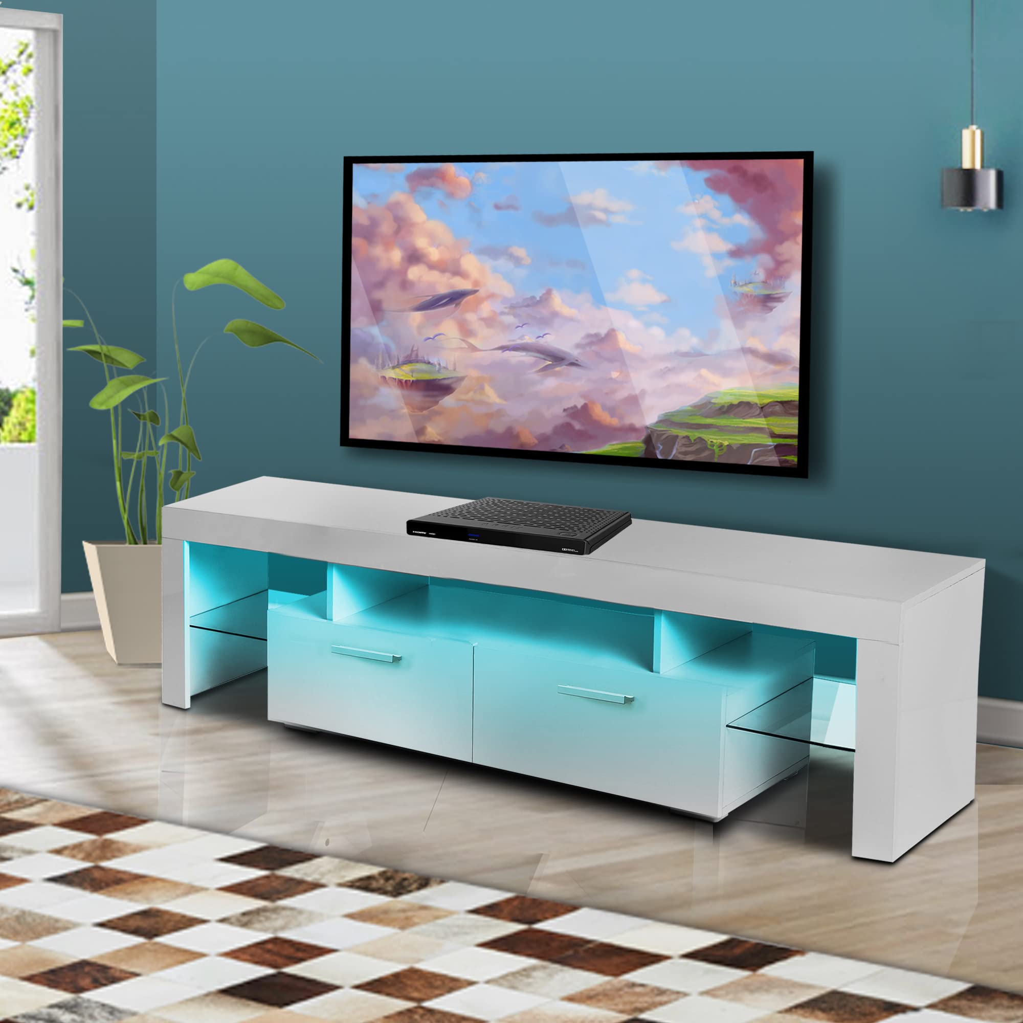 Modern LED TV Stand with 20-Color Remote Control Lights - High Gloss 70 Inch Entertainment Center with Storage Shelves & 2 Drawers - Living Room TV Cabinet for Home Theater & Gaming Setup (White)