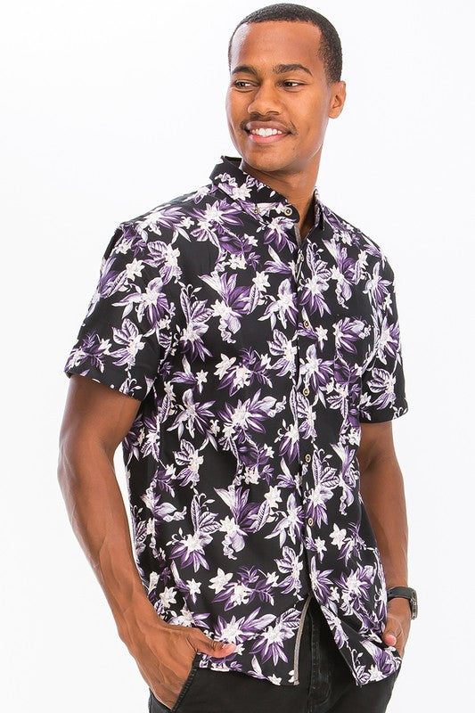 Men's Hawaiian Print Button Down Shirt - Tropical Floral Short Sleeve Casual Shirt WS7015 for Beach Vacation, Summer Party & Outdoor Activities
