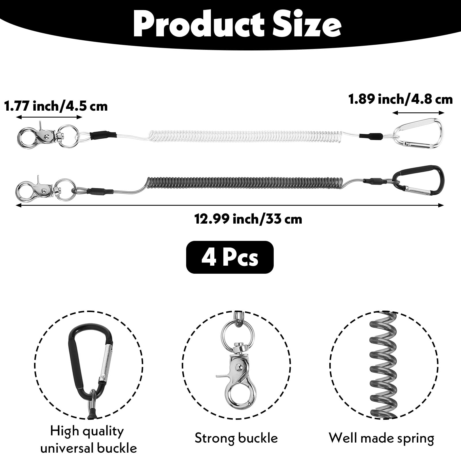 Heavy Duty Fishing Lanyard with Carabiner - 4Pcs Stretchy Coiled Keychain for Fishing Rod & Tools (Black/Transparent) - Perfect for Anglers & Handymen