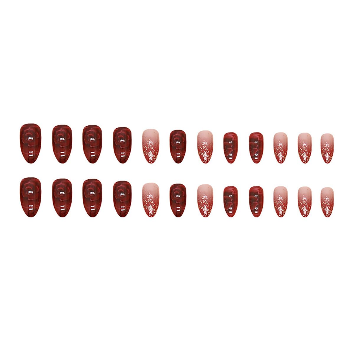24Pcs Short Almond Press on Nails - Red Glitter Sequins Flower Design with Glue - Full Cover Acrylic Fake Nails for Women - Perfect for Parties, Weddings & Everyday Manicure Decorations