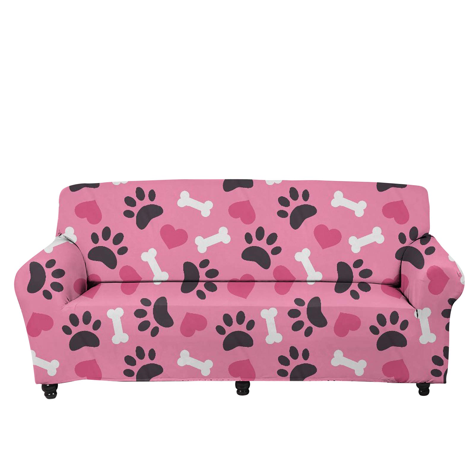 Pink Stretch Sofa Slipcover with Dog Paws Print - Washable Sectional Couch Cover for Living Room, Pet-Friendly Furniture Protector | Perfect for Home Decor & Dog Owners