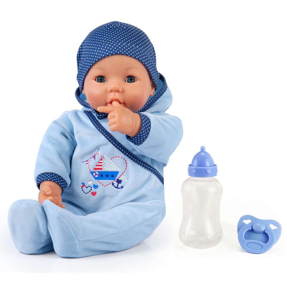 Bayer Design 18 inch Realistic Hello Baby Boy Doll with Blue Boat Romper - Perfect for Gift Giving, Nursery Decor, and Pretend Play