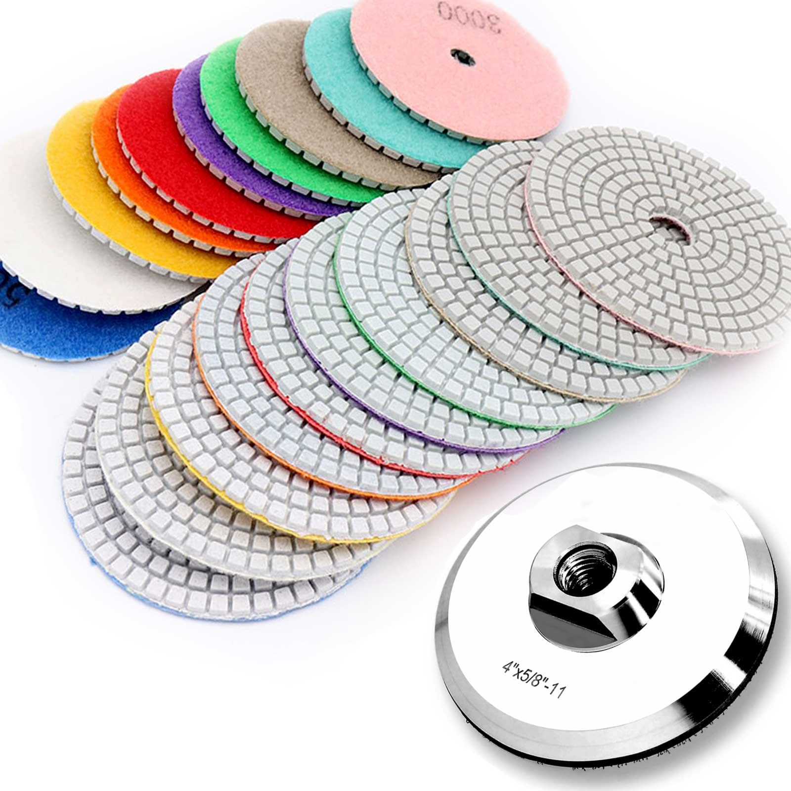 10Pcs 4 Inch Diamond Polishing Pads with Aluminum Backing Pad Set - Wet/Dry Grinding Discs for Angle Grinder - Perfect for Polishing Granite, Marble, Concrete, Tile & Stone (Ideal for Countertops, Floors & DIY Projects)