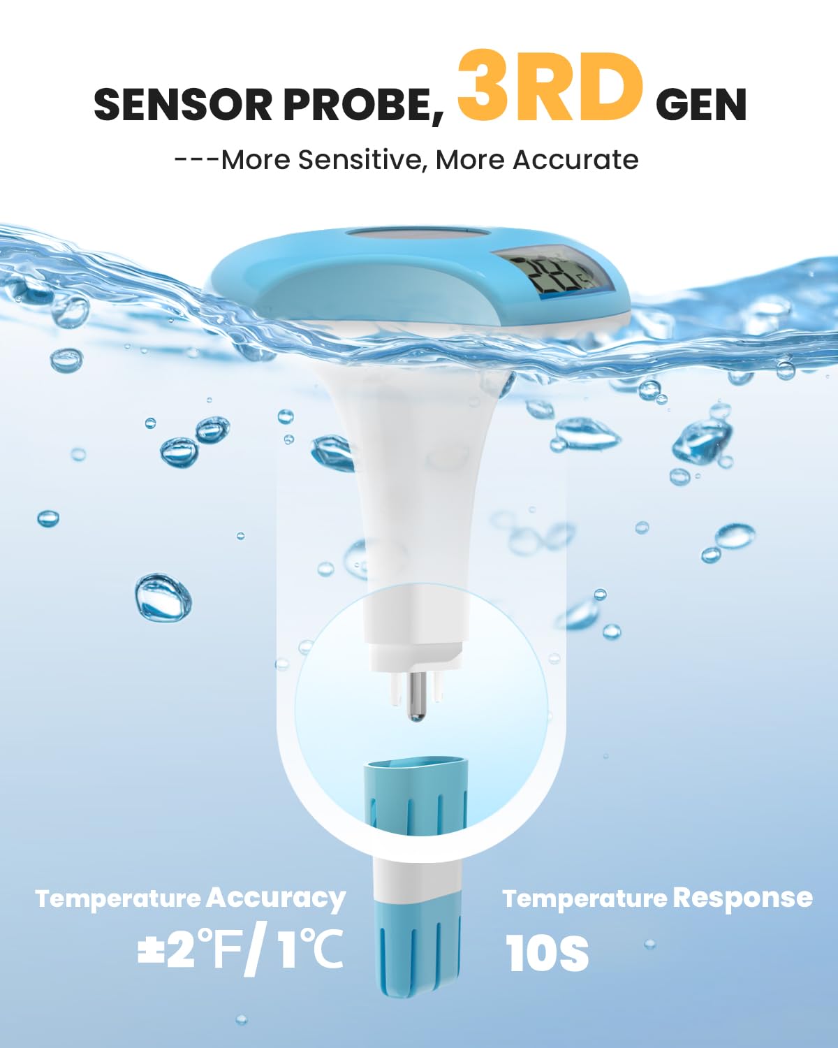 BALDR Digital Pool Thermometer Floating - Easy Read Solar Thermometer with Large Display, IPX8 Waterproof, ±1.8℉ Accuracy for Hot Tubs, Cold Plunge Pools, Swimming Pools, Spas & Backyard Water Features (Blue)