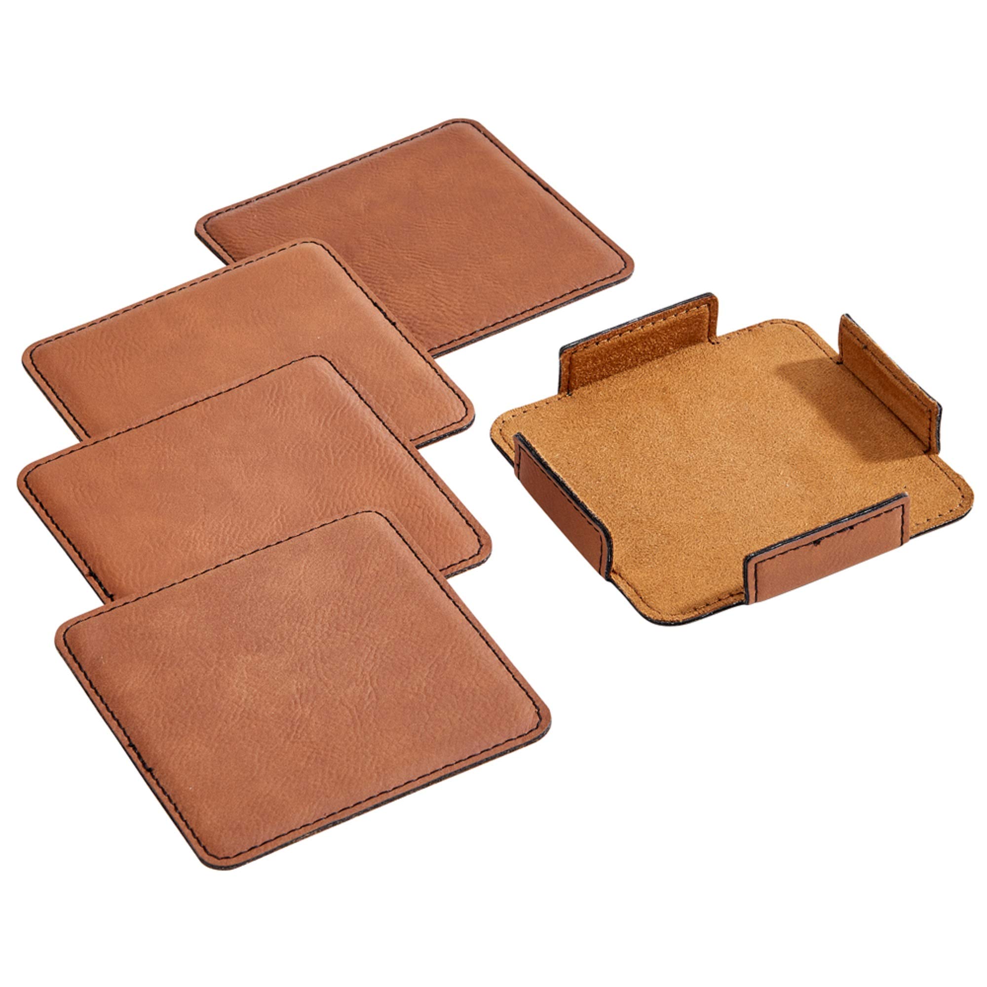 Set of 4 Caramel Leatherette Coasters - 4 Inch Round Drink Coasters for Coffee, Wine & Dining Table Protection - Waterproof & Heat Resistant Bar Accessories for Home & Office Use