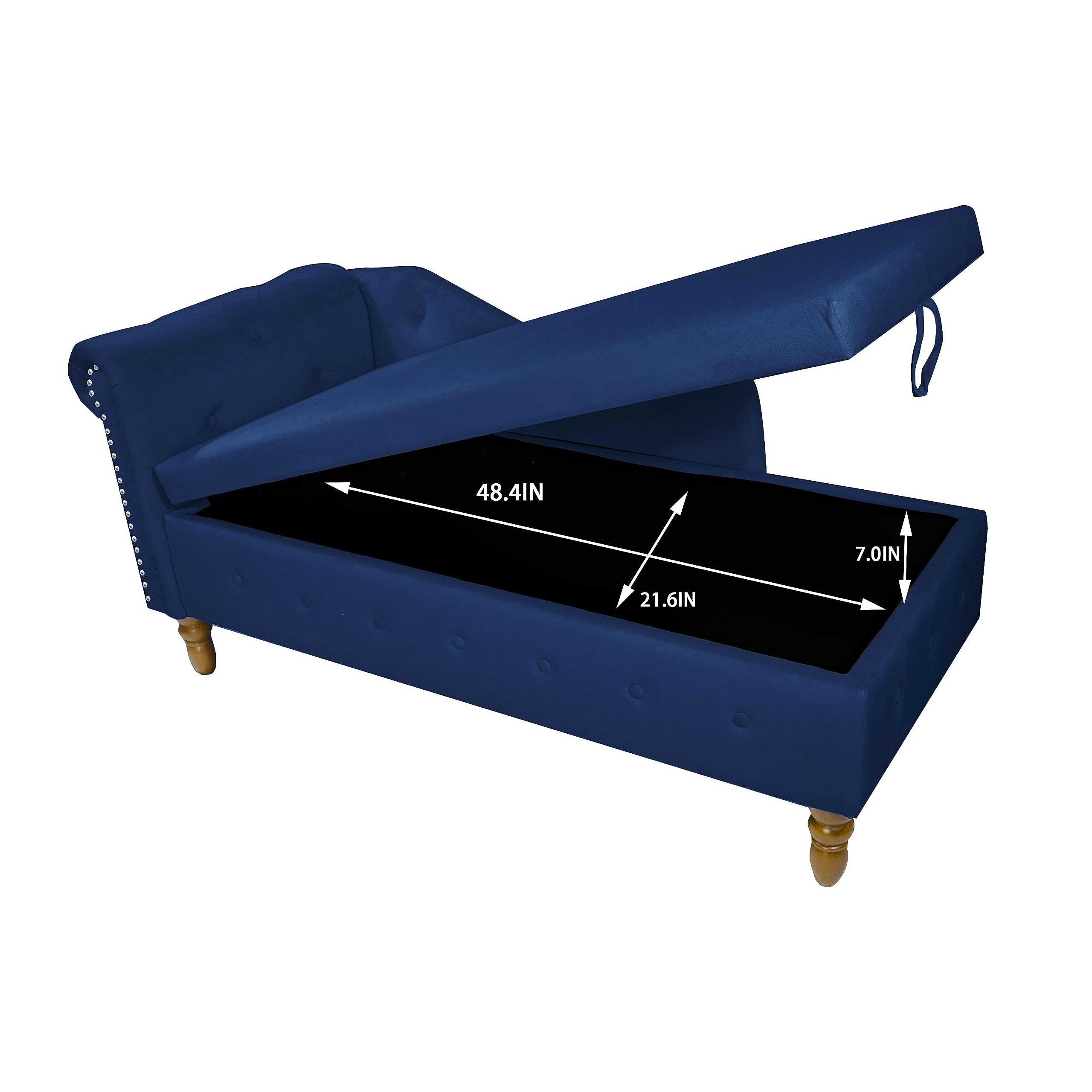 Warmiehomy Velvet Chaise Lounge Chair with Pillow - Modern Upholstered Rolled Arm Storage Ottoman for Bedroom, Living Room & Office - Navy Blue with Nailhead Trim | Perfect for Relaxing, Reading & Napping