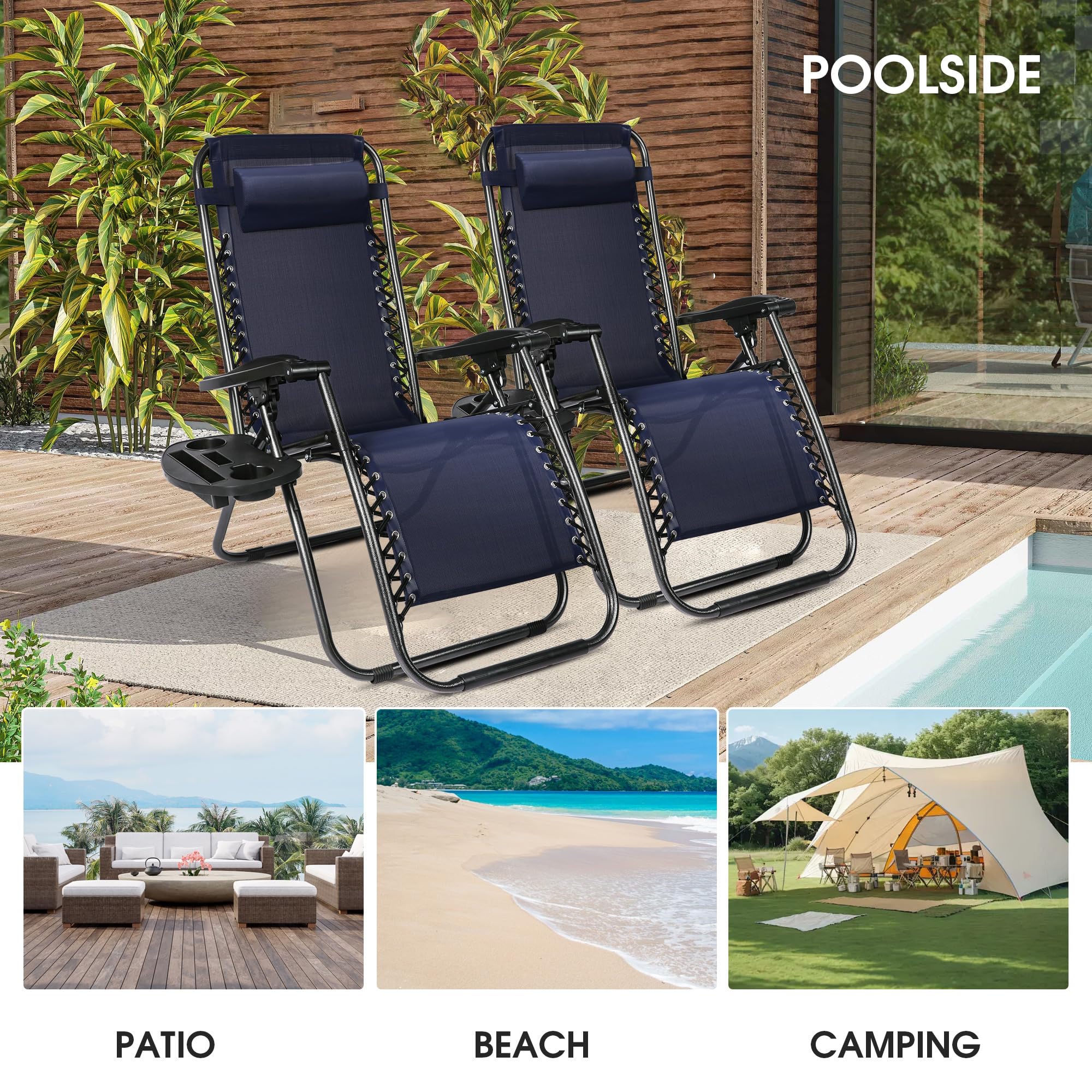 LUCKYERMORE Set of 2 Adjustable Zero Gravity Lounge Chairs - 300lb Capacity Lightweight Folding Outdoor Recliners with Pillow for Patio, Poolside, Beach, Backyard & Garden Relaxation - Blue