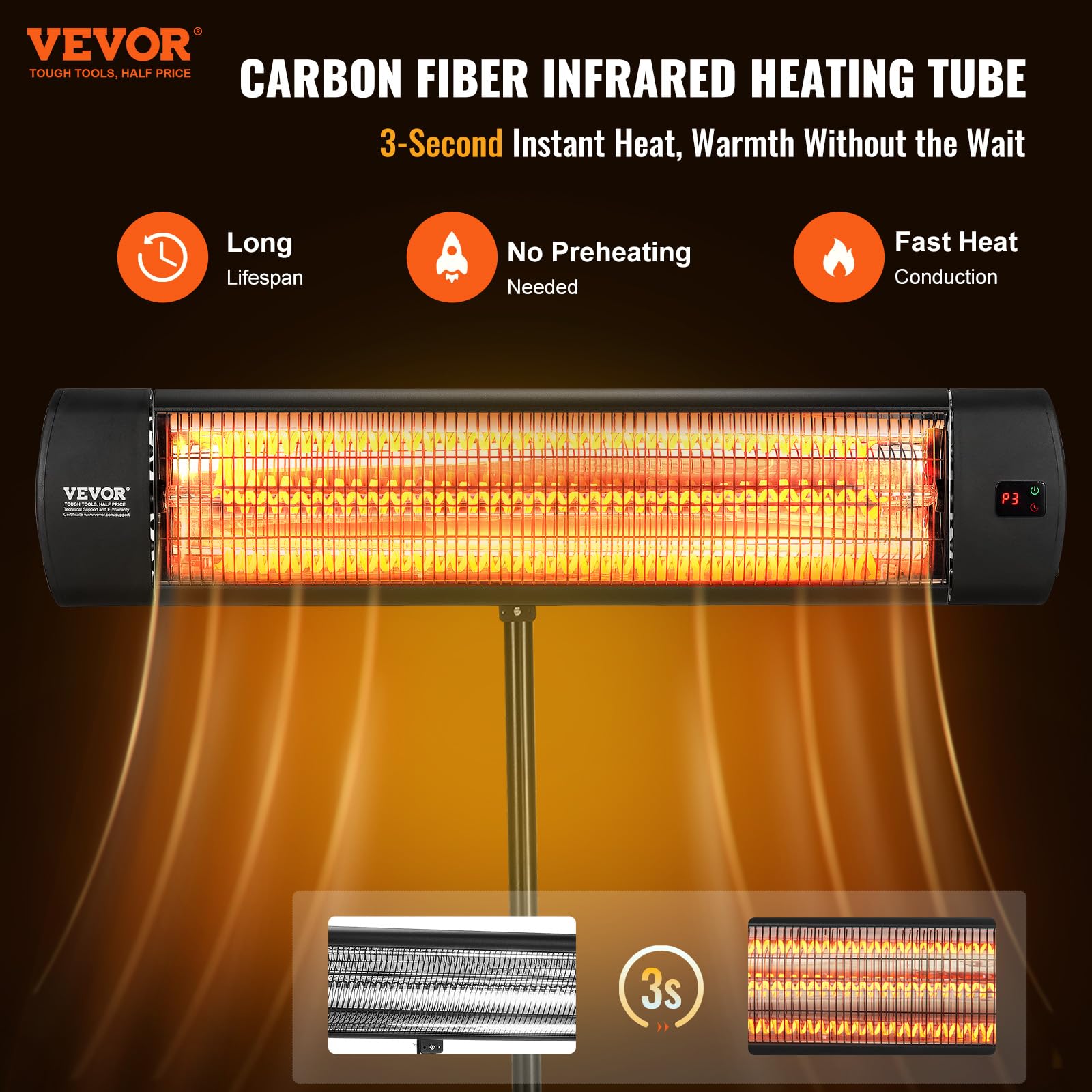 VEVOR 1500W Infrared Heater with Remote Control - 3 Speed Electric Space Heater with LED Display, Timer & Stand - Ceiling/Wall Mountable Patio Heater for Outdoor/Indoor Use - Perfect for Porch, Dining Room, Studio, Garage & Office Warming