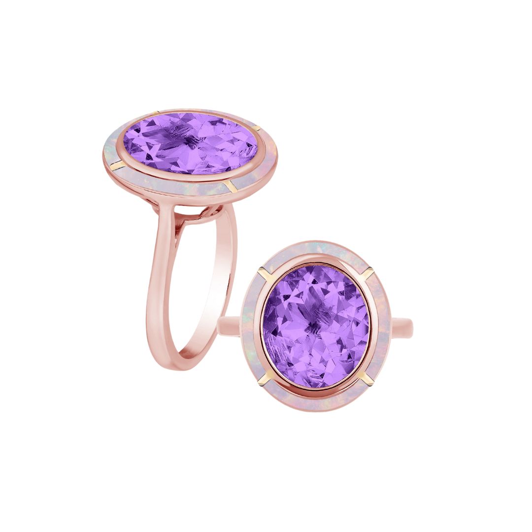 Goshwara 18K Gold Ring with Oval Light Amethyst & Pink Opal Inlay - Elegant Jewelry for Women, Perfect for Weddings, Anniversaries & Special Occasions
