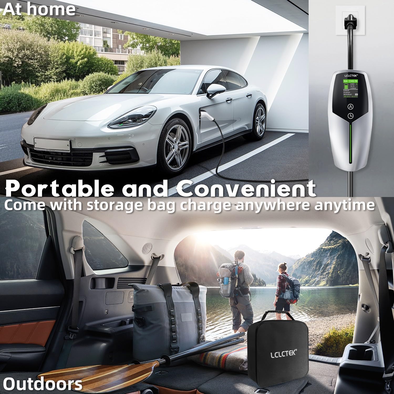 Level 1+2 EV Charger 16Amp 110-240V Portable Car Charger - NEMA 6-20P & 5-15P Plug - 26Ft J1772 Charging Cable for Electric Vehicles (Silver) - Perfect for Home, Office & Road Trip Charging