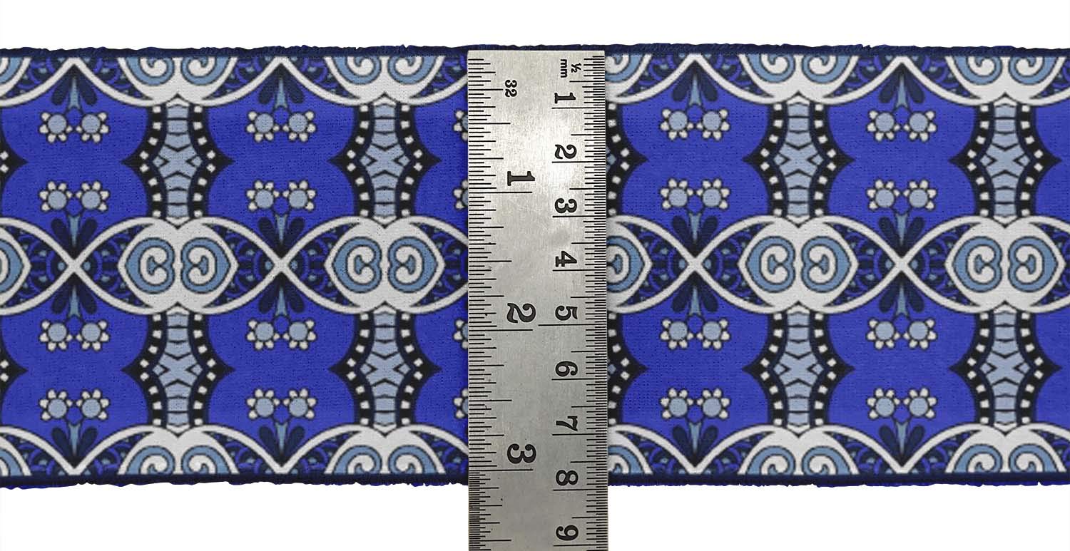 Blue Ethnic Floral Printed Velvet Ribbon Trim - 9 Yards Decorative Fabric Lace for Crafts, Sewing Accessories (2 Inches Wide) | Perfect for DIY Projects, Gift Wrapping & Home Decor