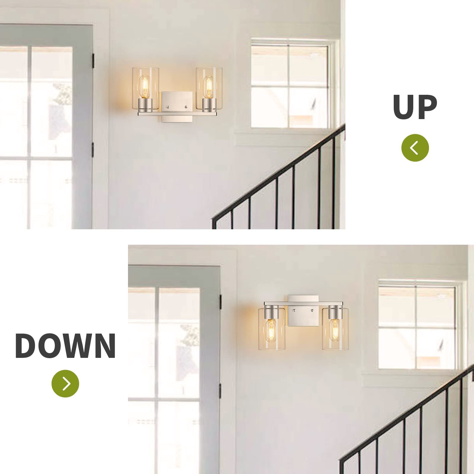 Brushed Nickel 2-Light Vanity Fixture - Modern Bathroom Wall Light with Clear Glass Shade for Mirror, Bedroom & Living Room | Dimmable LED Lighting for Makeup Vanity, Dresser & Hallway Decor
