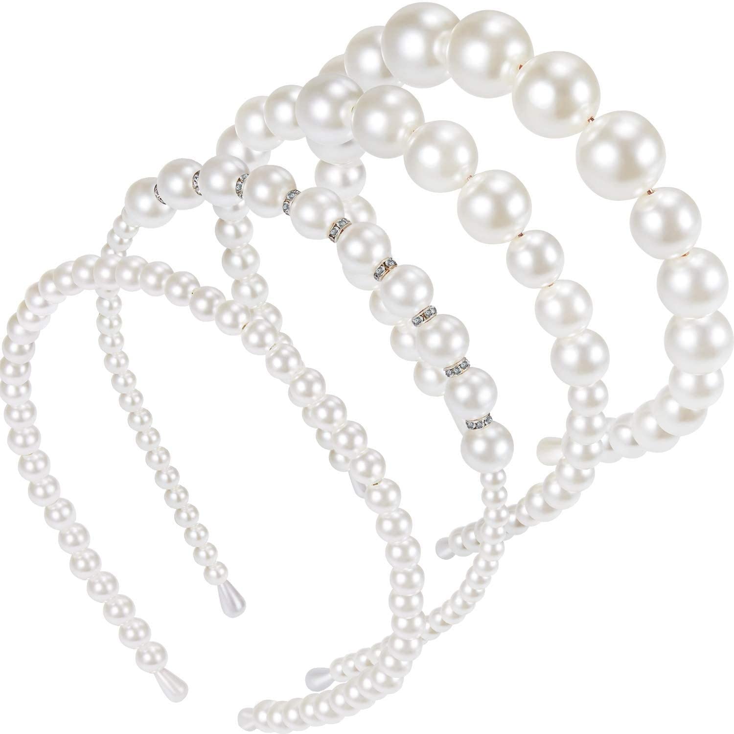 BELICIA 4-Piece Pearl Headbands for Women - White Faux Pearl Rhinestone Hairbands, Bridal Hair Hoops & Wedding Hair Accessories for Girls (Style Set 1) - Perfect for Weddings, Parties & Special Occasions