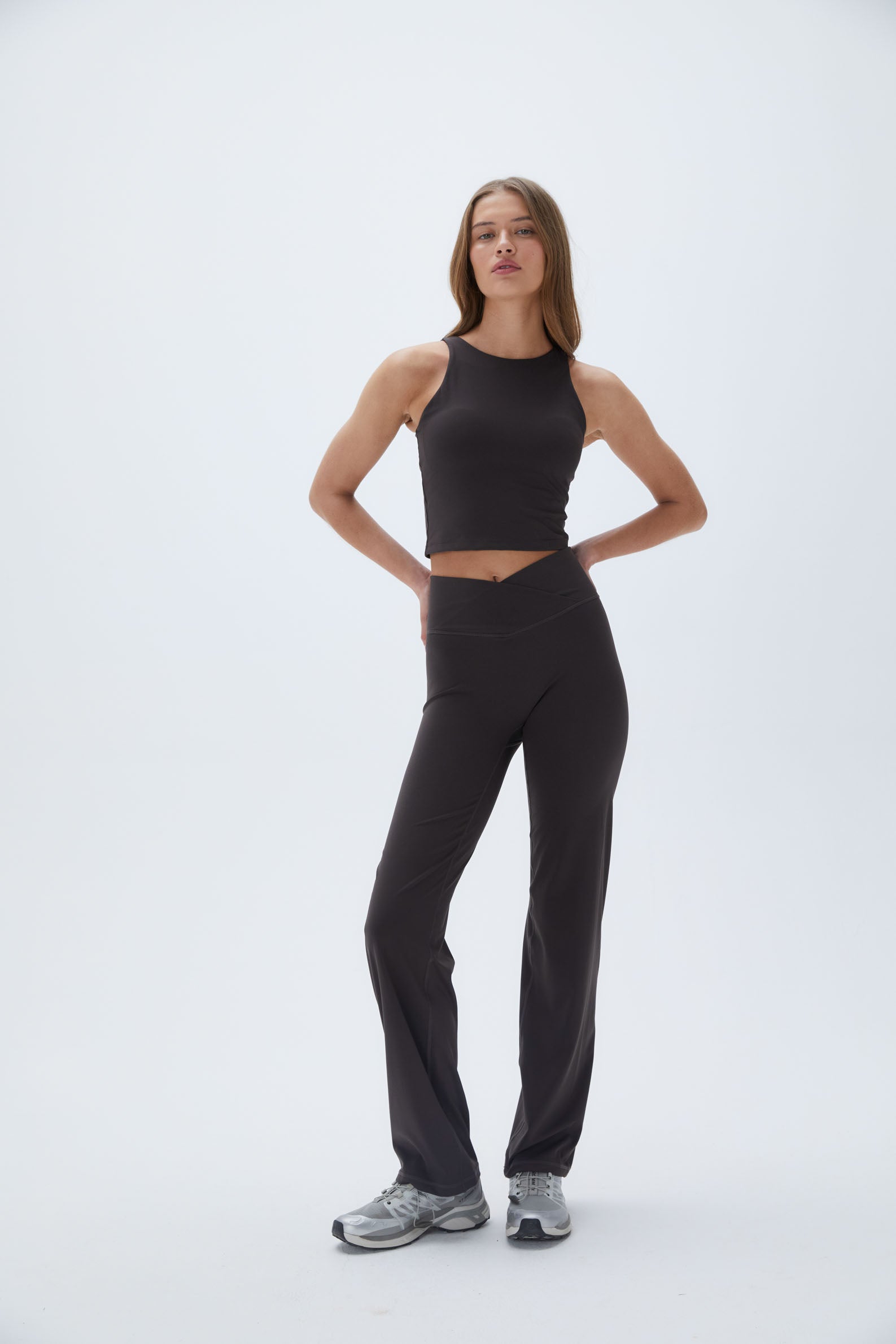 High Waist Wrap Over Yoga Pants for Women - Soft Stretchy Workout Leggings - Coffee Bean Color - Perfect for Yoga, Gym, Running and Lounge Wear