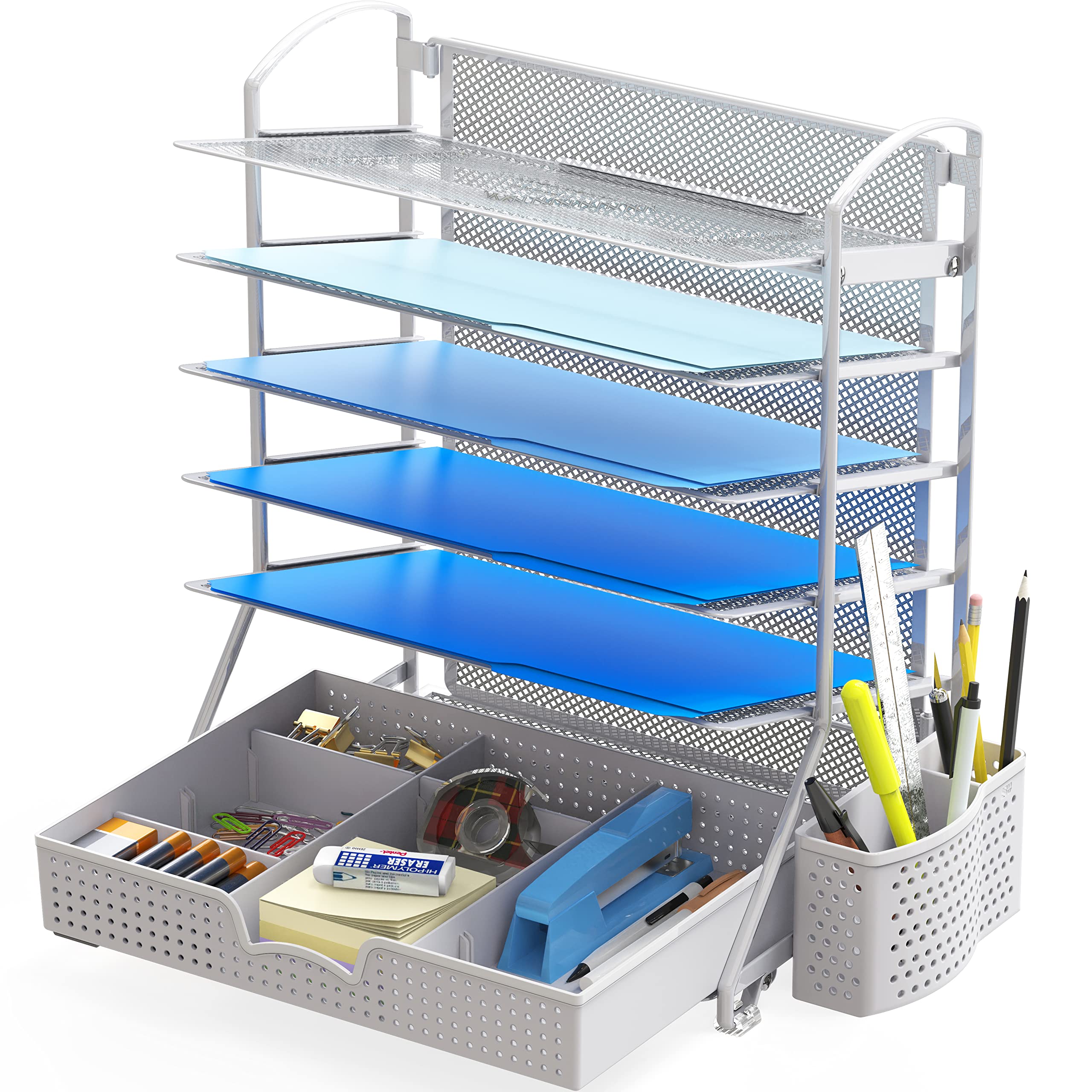Simple Houseware 6-Tier Desk Organizer with Sliding Drawer - Silver Metal File Tray for Office Documents, Mail & Supplies | Perfect for Home Office, School & Workplace Organization