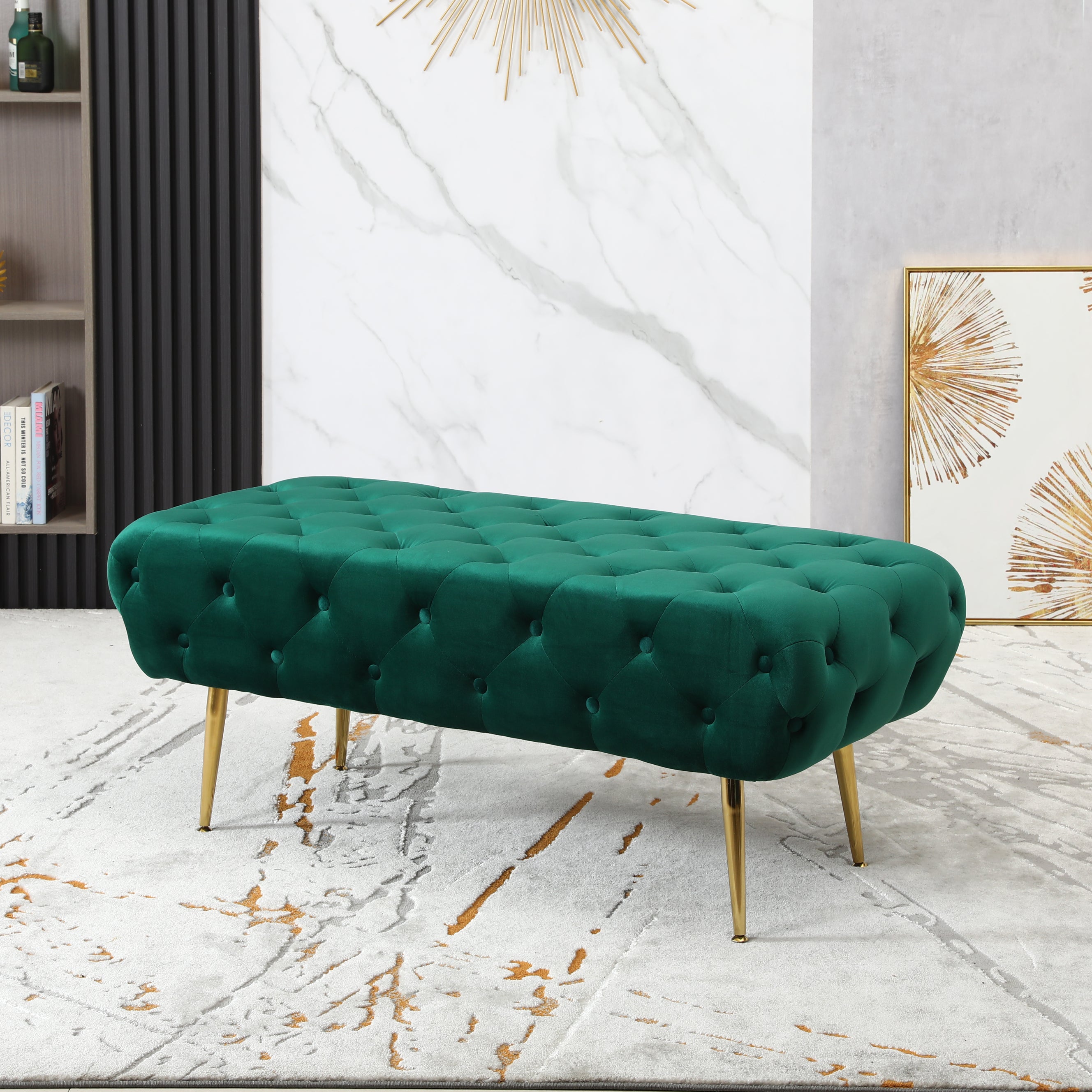 Roundhill Furniture Sira Velvet Button Tufted Bench with Gold Metal Legs - Green Velvet Upholstered Storage Ottoman for Living Room, Bedroom & Entryway - Perfect for Seating, Decor & Extra Storage