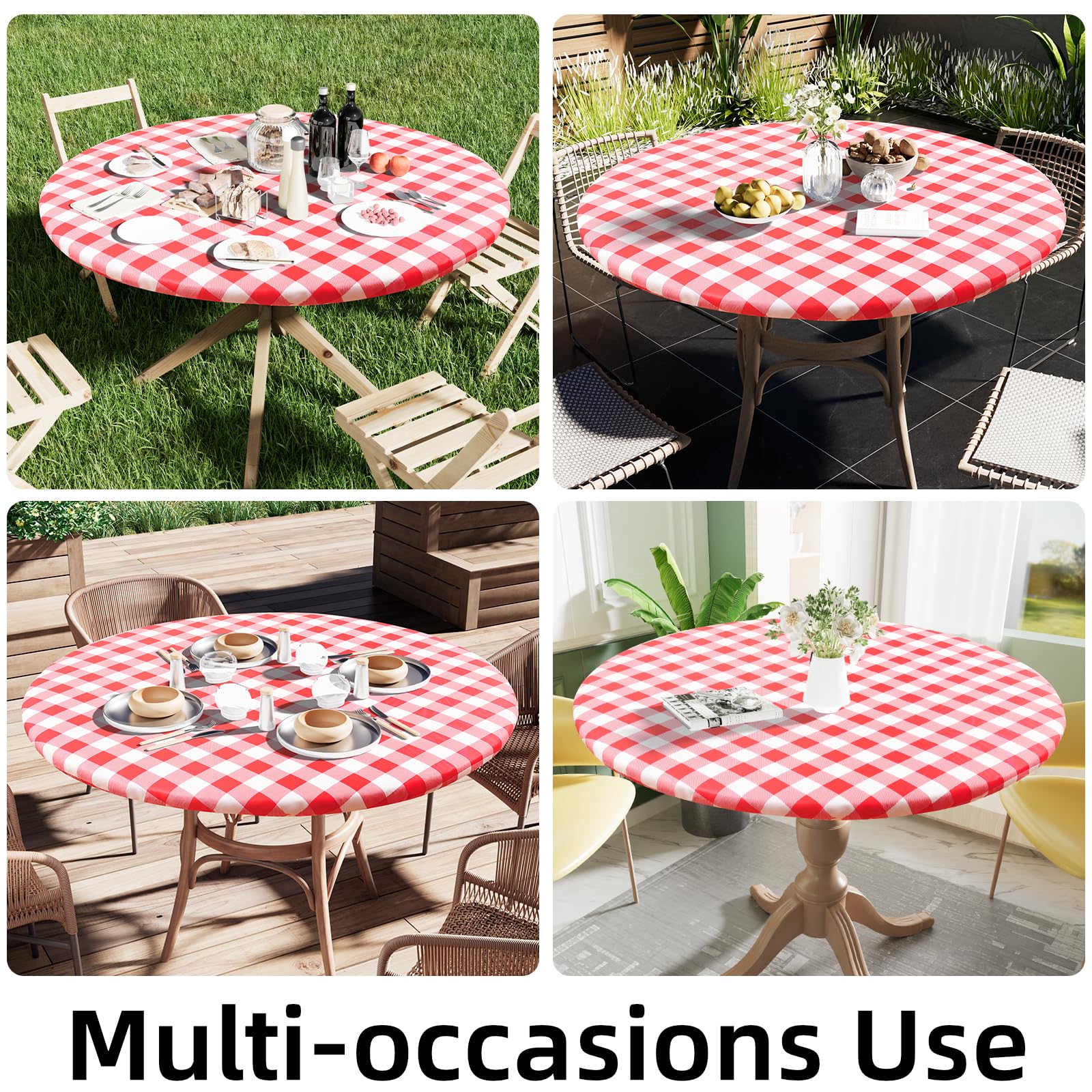 Smiry Round Elastic Waterproof Vinyl Tablecloth for 45-56 Inch Tables - Flannel Backed Buffalo Plaid Table Cover for Dining, Camping, Outdoor Use (White & Red) | Perfect for Picnics, BBQs, and Patio Parties