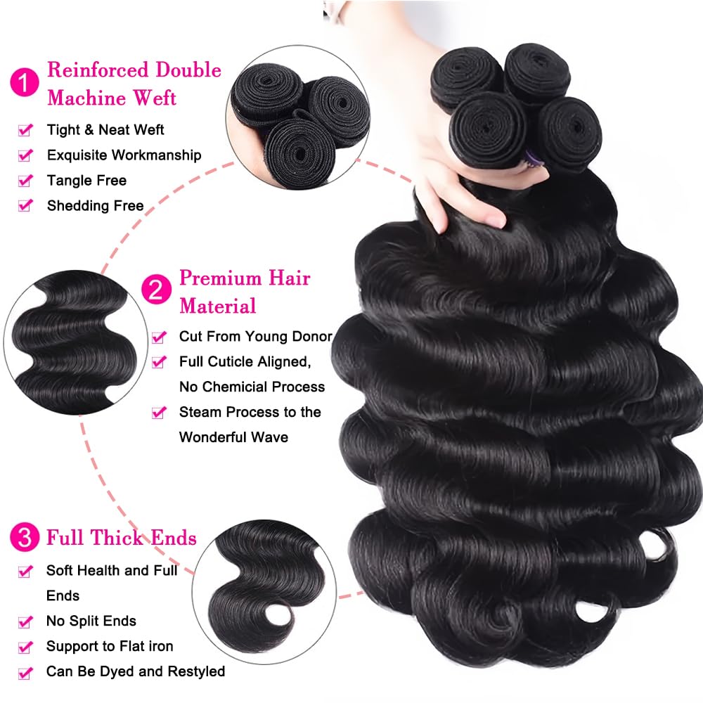 12A Brazilian Virgin Human Hair Bundles 22-28 Inch Body Wave Hair Extensions 400g Unprocessed 4-Piece Set for Quick Weave - Natural Black Wavy Hair for Styling, Volume & Length - Perfect for Daily Wear, Parties & Special Occasions