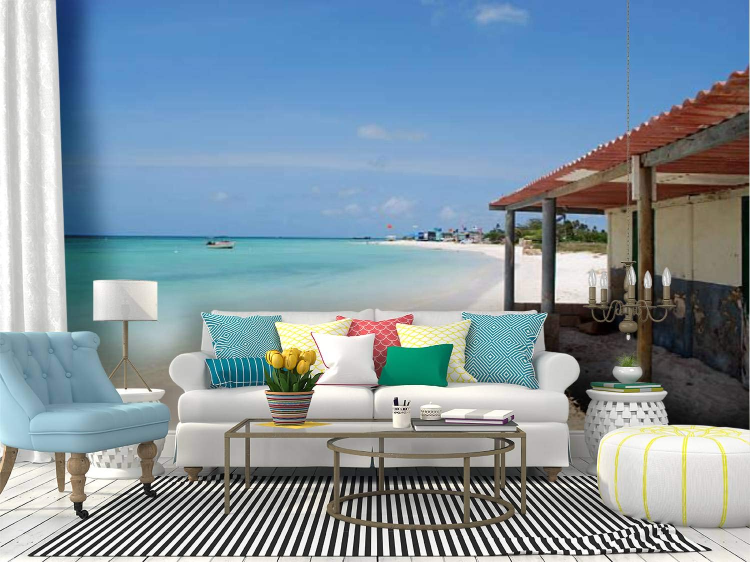 Peel and Stick Wallpaper - Fisherman's Huts Beach in Aruba - Self Adhesive Removable Vinyl Wall Mural for Home Decor - Perfect for Living Rooms, Bedrooms, and Offices