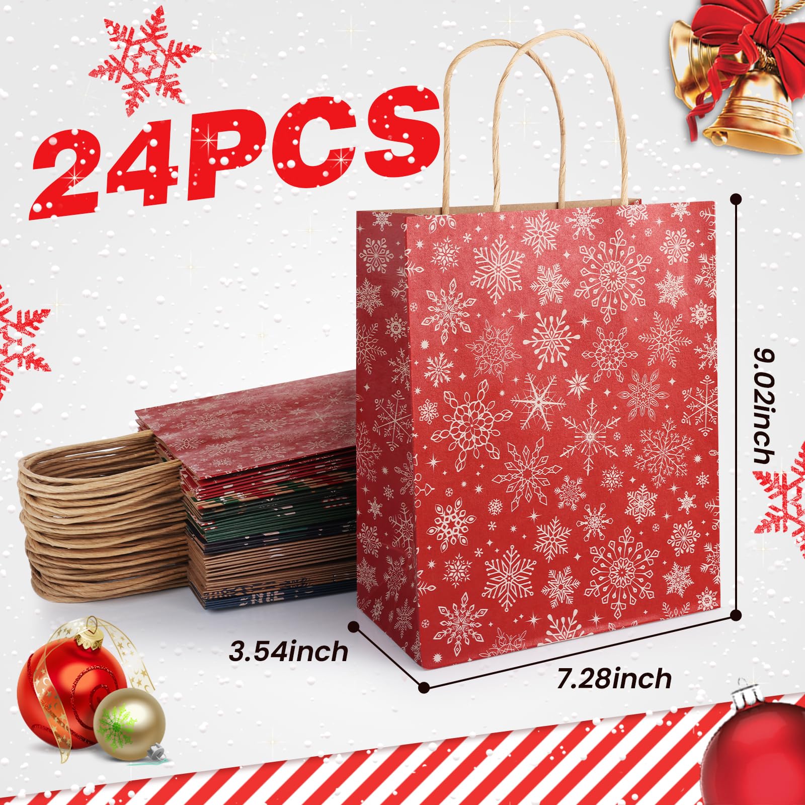 DeckTheHalls Christmas Gift Bags - 24 Pack Small Kraft Paper Holiday Bags with Handles (12 Styles) - Bulk Party Favors, Retail & Goody Bags for Xmas, Holiday Celebrations & Gift Wrapping