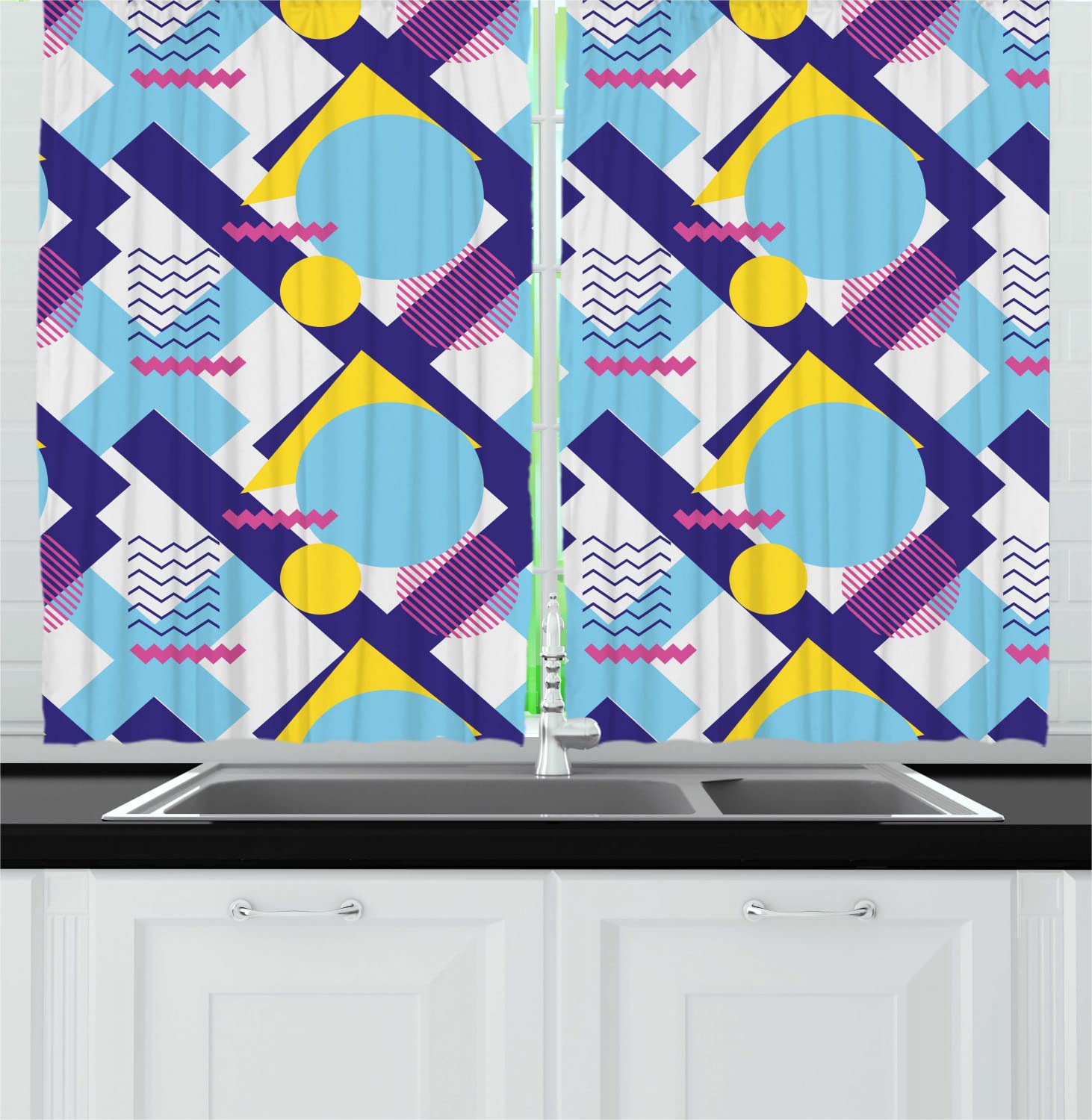 Ambesonne Geometric Long Kitchen Curtains - Colorful Retro Circles, Stripes & Zigzags Design - 2 Panel Rod Pocket Drapes 55x45 Inches - Blue Indigo Yellow Pink - Perfect for Farmhouse, Bohemian & Modern Kitchen Decor