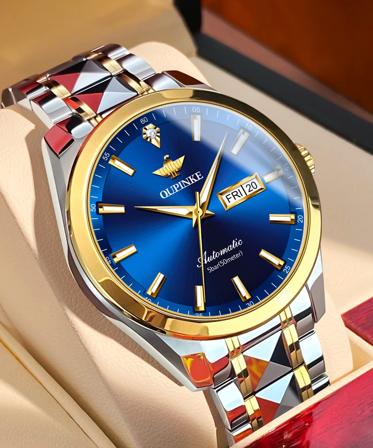 OUPINKE Men's Automatic Luxury Watch with Real Diamonds - Self-Winding Mechanical Gold Dress Watch - Waterproof Wristwatch for Business, Formal Events & Gifts