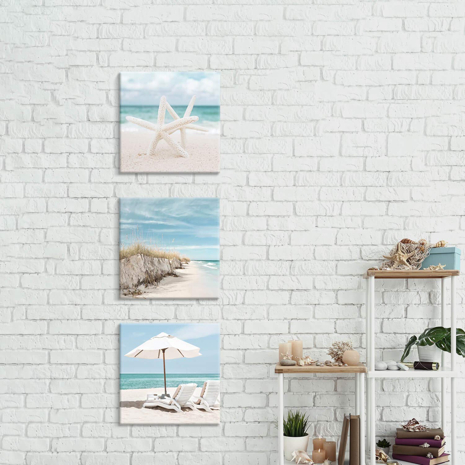 Coastal Canvas Wall Art Print - Starfish & Beach Chairs on Sand Artwork for Home Decor | 16x16 Inch Set of 3 | Perfect for Bedroom, Living Room, or Beach House Wall Decor