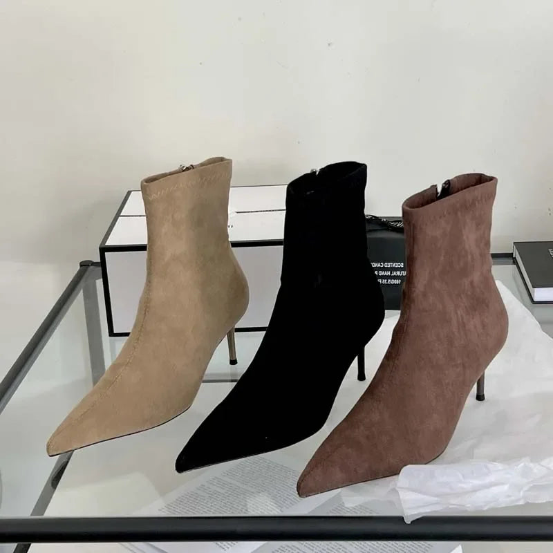 Sexy Thin Low Heel Pointed Toe Ankle Boots for Women - Fashion Party Shoes with Zipper - Spring & Autumn Short Booties for Night Out, Dating & Office Wear