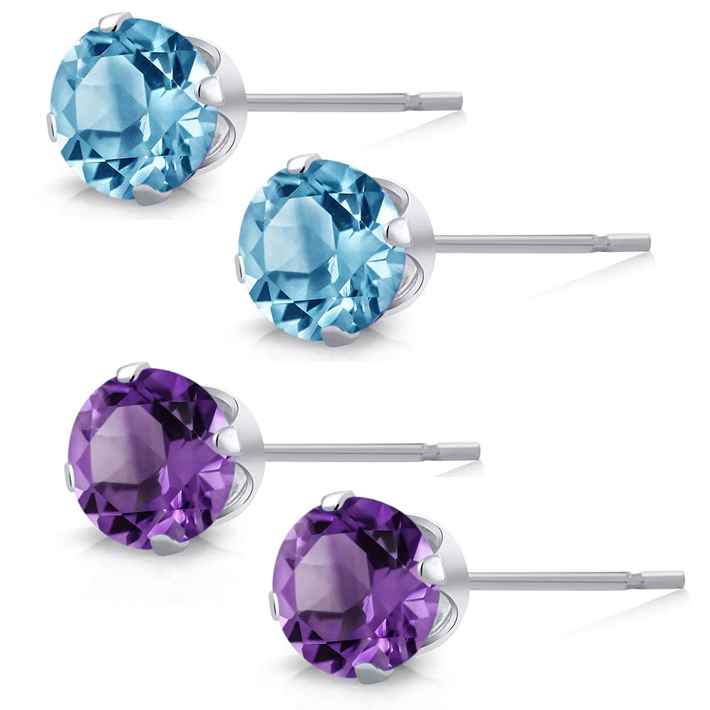 Gem Stone King 925 Sterling Silver 4mm Purple Amethyst & Blue Topaz Stud Earrings Set for Women & Men - Perfect for Everyday Wear, Gifts & Special Occasions