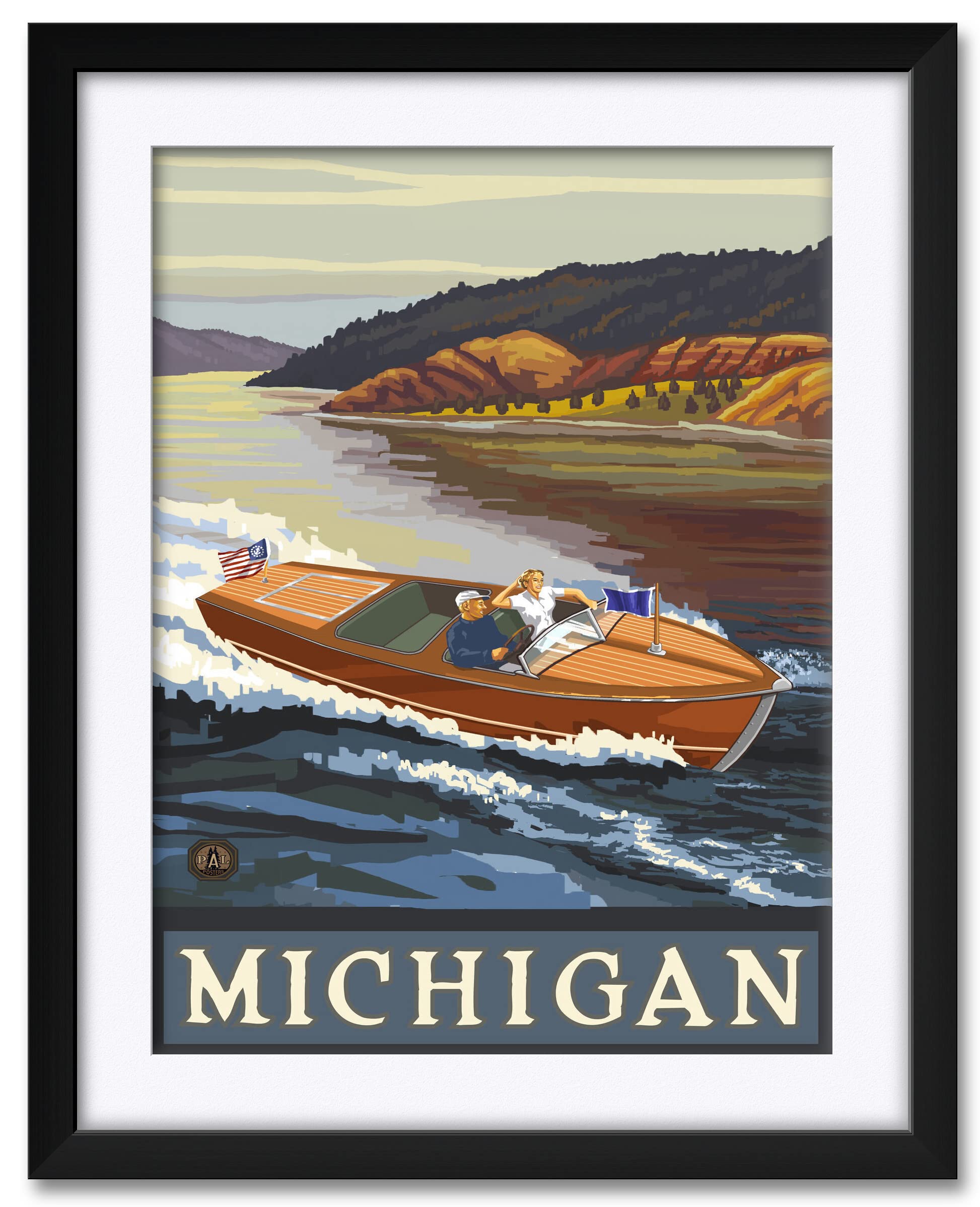 Michigan Wooden Boat Lake Framed Art Print 24x30 Inches - Paul A. Lanquist Travel Artwork - Professional Matted Wall Decor for Living Room, Office & Lake House