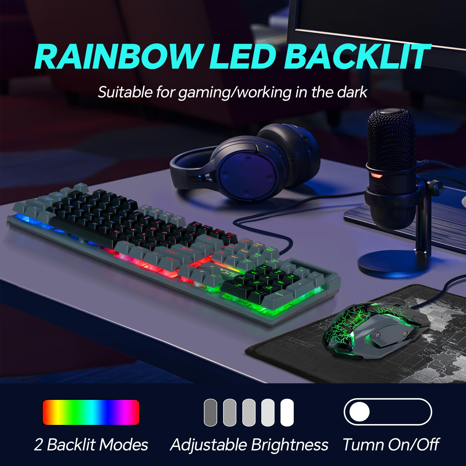 CHONCHOW RGB Backlit Gaming Keyboard and Mouse Combo - 104 Key Mechanical Feel Wired Keyboard with 3600 DPI Ergonomic Mouse for PC, Mac, Xbox - Ideal for FPS, MMO Games, Office Work & Streaming (Black & Grey) - Perfect for Esports, Home Office, Late Night Gaming, Professional Workstations & Online Classes