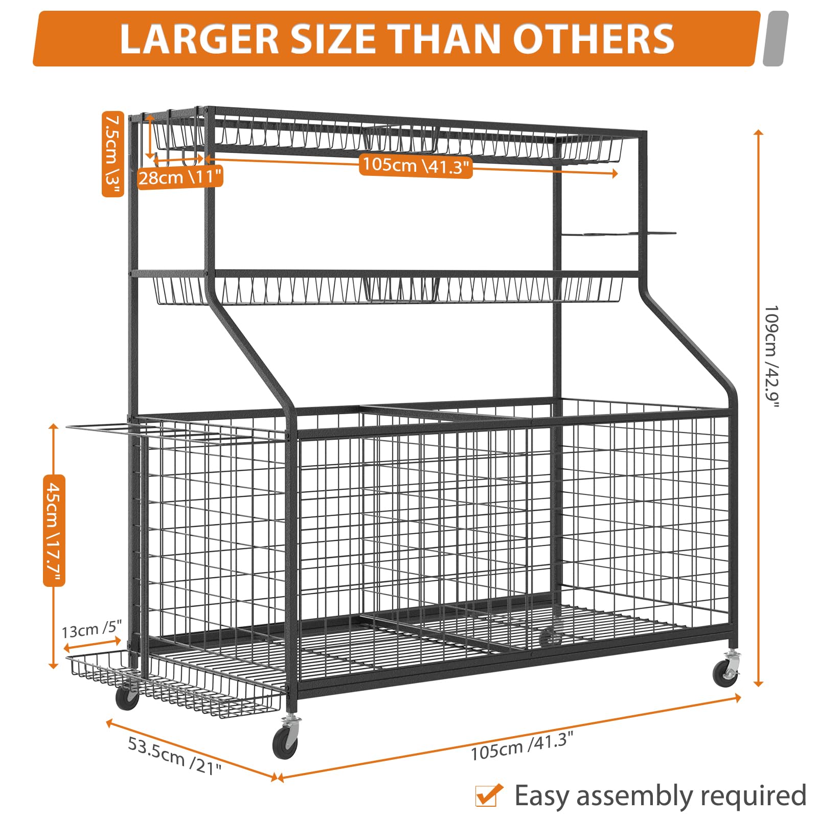 Gadroad Rolling Sports Ball Storage Cart with Baskets & Hooks - Garage Organizer for Basketball, Soccer, Football Equipment - Heavy-Duty Black Sports Gear Rack for Home, Gym, and Playroom Organization