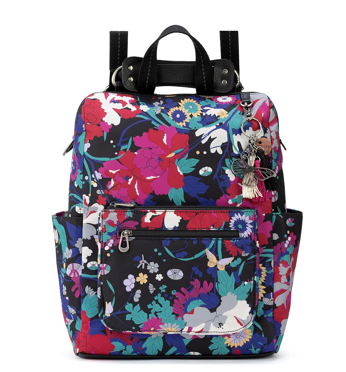 Sakroots Women's Loyola Eco-Twill Backpack - Adjustable Crossbody Strap, Laptop Compartment, Convertible Purse - Black Flower Power (One Size) - Perfect for Work, Travel & College Campus Use
