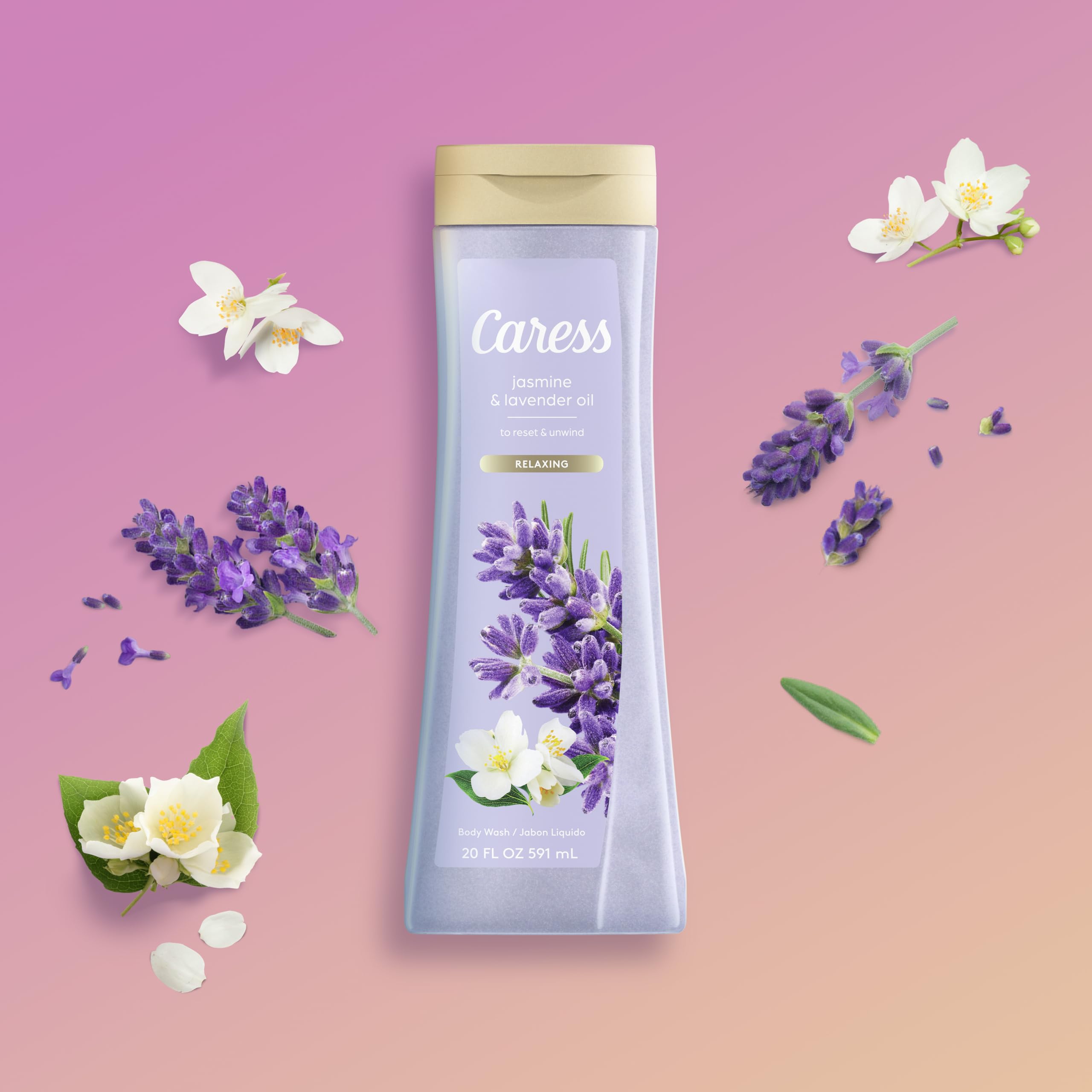Caress Jasmine & Lavender Oil Moisturizing Body Wash - Hydrating Shower Gel for Soft, Fragrant Skin - Relaxing Aromatherapy Liquid Soap - 20 Fl Oz (Pack of 2) - Perfect for Stress Relief & Nighttime Bath Routine