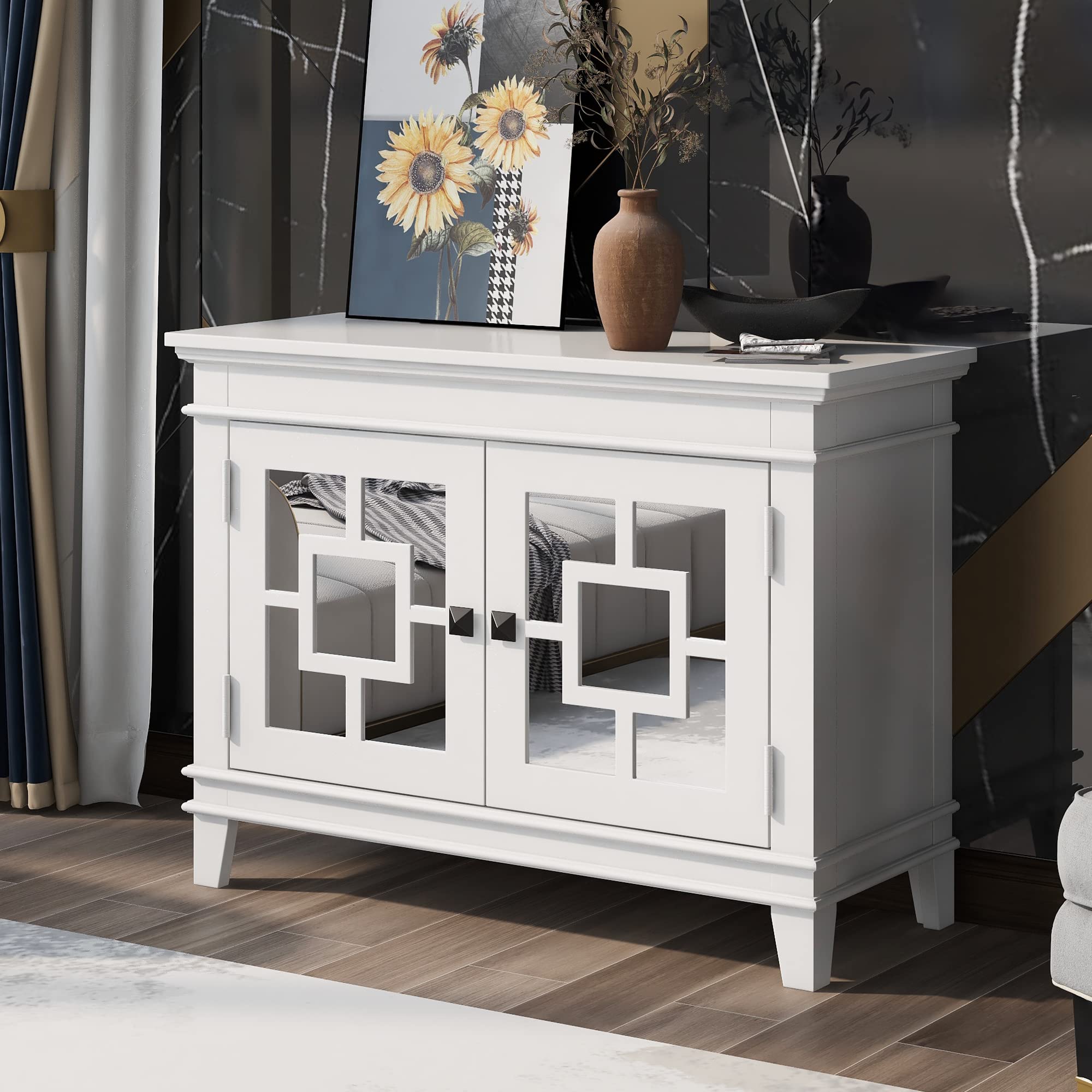 Vintage Style Wooden Storage Cabinet with 2 Mirror Doors & Shelves - Multifunctional Entryway Table, Sideboard for Living Room, Kitchen, Hallway - Perfect for Home Organization & Decor (White)