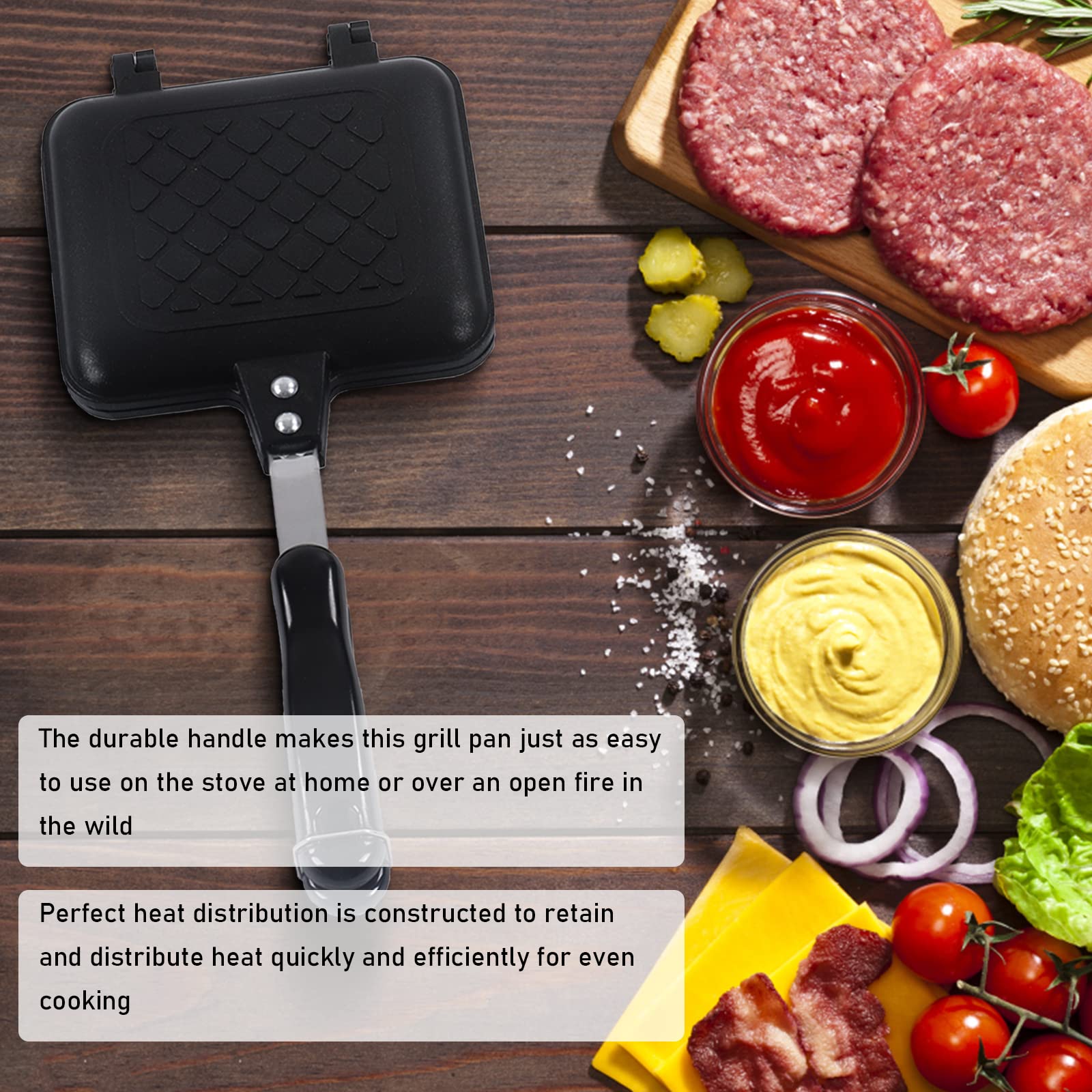 **Nonstick Double-Sided Frying Pan with Flat Bottom – Aluminum Alloy Waffle Maker & Panini Press – Dual Handles for Easy Cooking – Perfect for Breakfast Sandwiches, Grilled Cheese & Pancakes**